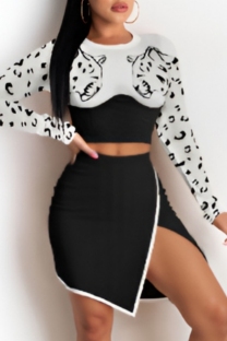 Black Casual Print Patchwork Slit O Neck Long Sleeve Two Pieces