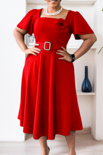 Red Casual Daily Solid Color With Belt Flowers Square Neck A Line Short Sleeve Dress