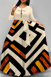 Dark Green Casual Colorblock Print Pocket With Belt O Neck Printed Dresses