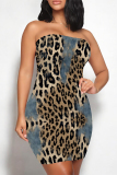 Leopard Print Sexy Faux Denim Print Leopard Contrast Strapless Printed Dresses