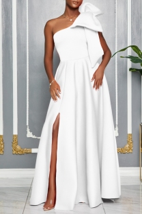 White Sexy Party Formal Solid Color Slit Oblique Collar Long Dresses