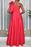 Watermelon Red Sexy Party Formal Solid Color Slit Oblique Collar Long Dresses