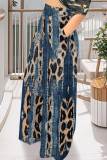 Leopard Print Casual Faux Denim Print Leopard Pocket Contrast Loose High Waist Wide Leg Full Print Bottoms