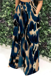 Dark Blue Casual Faux Denim Print Leopard Pocket Contrast Loose High Waist Wide Leg Full Print Bottoms