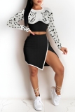 Black Casual Print Patchwork Slit O Neck Long Sleeve Two Pieces