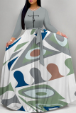 Dark Green Casual Colorblock Print Pocket With Belt O Neck Printed Dresses