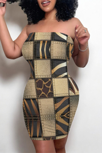 Khaki Sexy Faux Denim Print Leopard Contrast Strapless Printed Dresses