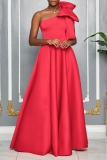 Watermelon Red Sexy Party Formal Solid Color Slit Oblique Collar Long Dresses