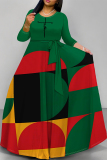 Dark Green Casual Colorblock Print Pocket With Belt O Neck Printed Dresses