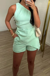 Green Casual Solid Color Pocket Patchwork Oblique Collar Sleeveless Two Pieces