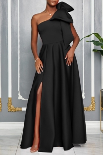 Black Sexy Party Formal Solid Color Slit Oblique Collar Long Dresses