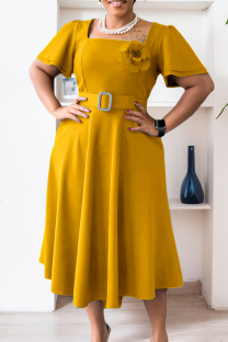 Yellow Casual Daily Solid Color With Belt Flowers Square Neck A Line Short Sleeve Dress
