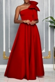 Watermelon Red Sexy Party Formal Solid Color Slit Oblique Collar Long Dresses