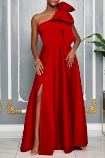 Burgundy Sexy Party Formal Solid Color Slit Oblique Collar Long Dresses