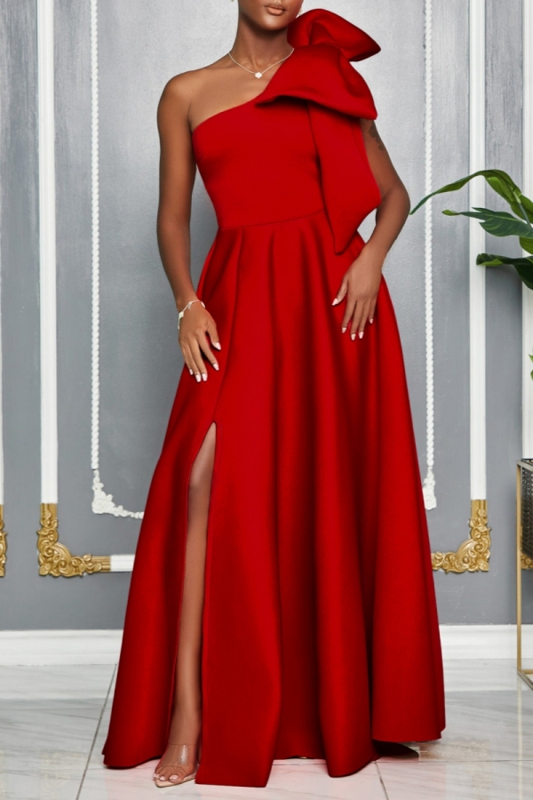Burgundy Sexy Party Formal Solid Color Slit Oblique Collar Long Dresses