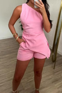 Pink Casual Solid Color Pocket Patchwork Oblique Collar Sleeveless Two Pieces