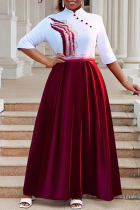 Red Casual Daily Elegant Embroidery Patchwork Mandarin Collar Long Dresses