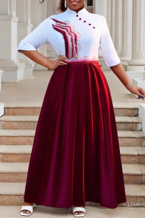 Red Casual Daily Elegant Embroidery Patchwork Mandarin Collar Long Dresses