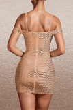 Black Sexy Solid Color Patchwork Hot Drill Zipper Spaghetti Strap Sling Dresses