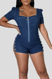 Deep Blue Sexy Solid Color Chains Zipper Square Neck Skinny Rompers