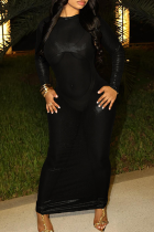 Black Sexy Solid Color Patchwork See-Through O Neck Long Dresses