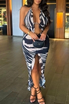 Black White Sexy Print Backless Slit Belted Halter Long Dresses