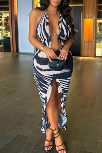Black White Sexy Print Backless Slit Belted Halter Long Dresses