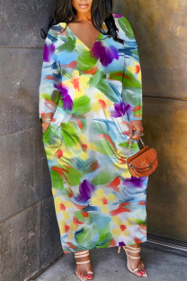 Colour Casual Floral Print Pocket Contrast V Neck Printed Plus Size Dresses