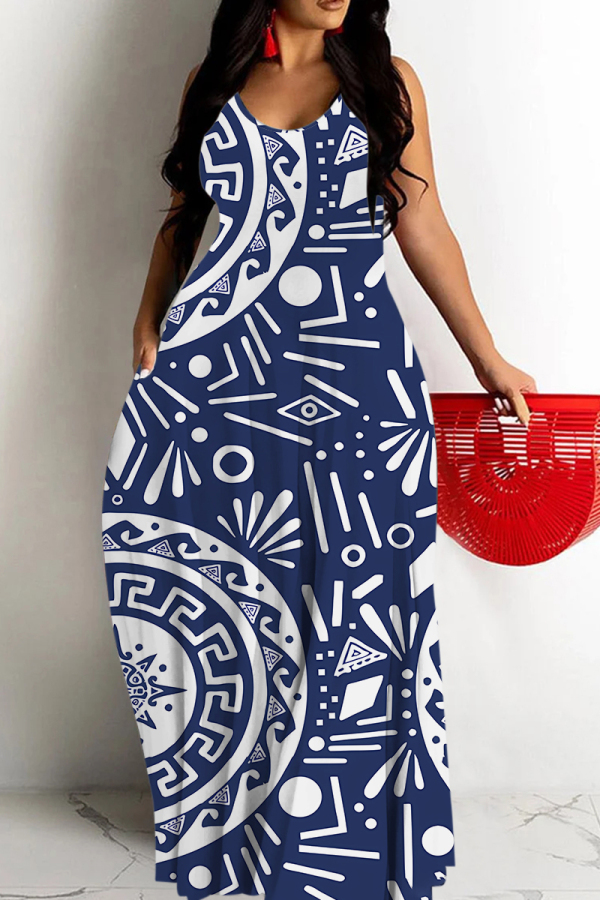 Blue Casual Geometric Print Pocket Contrast O Neck Printed Dresses