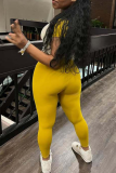 Yellow Casual Patchwork Contrast O Neck Long Sleeve Two Pieces