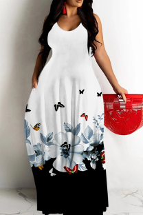 White Sexy Floral Print Butterfly Pocket Contrast O Neck Printed Dresses