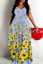 Sky Blue Sexy Floral Print Butterfly Pocket Contrast O Neck Printed Dresses
