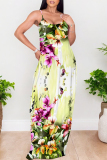 Light Green Sexy Floral Print Butterfly Pocket Contrast O Neck Printed Dresses