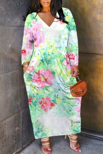 Green Casual Floral Print Pocket Contrast V Neck Printed Plus Size Dresses