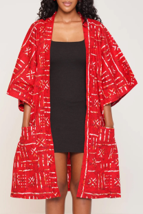 Red Casual Print Pocket Patchwork Cardigan Collar Outerwear