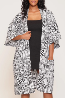 White Casual Print Pocket Patchwork Cardigan Collar Outerwear