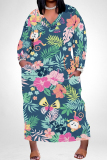Blue Casual Floral Print Pocket Contrast V Neck Printed Plus Size Dresses