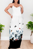 Light Green Sexy Floral Print Butterfly Pocket Contrast O Neck Printed Dresses