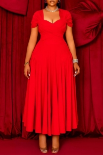Red Casual Solid Color Patchwork Ruched Square Neck Waist Skirt Plus Size Dresses