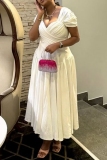 White Casual Solid Color Patchwork Ruched Square Neck Waist Skirt Plus Size Dresses