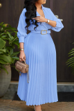 Light Blue Elegant Solid Color Patchwork With Belt Pleated V Neck Long Dresses