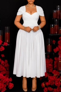 White Casual Solid Color Patchwork Ruched Square Neck Waist Skirt Plus Size Dresses