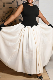 Black Elegant Patchwork O Neck Long Dresses
