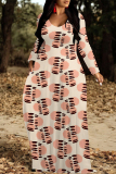 Orange Casual Geometric Print Pocket Contrast O Neck Printed Dresses