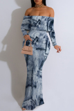 Blue Sexy Faux Denim Print Flounce Contrast Off Shoulder Long Dresses