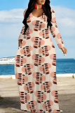 Orange Casual Geometric Print Pocket Contrast O Neck Printed Dresses