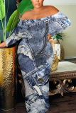 Blue Sexy Faux Denim Print Flounce Contrast Off Shoulder Long Dresses
