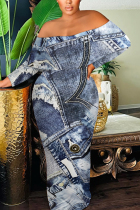 Baby Blue Sexy Faux Denim Print Flounce Contrast Off Shoulder Long Dresses