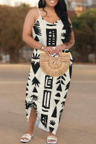 Black Apricot Sexy Print Patchwork Spaghetti Strap Long Dresses
