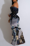 Blue Sexy Faux Denim Print Flounce Contrast Off Shoulder Long Dresses